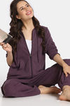 Rosaline Waffle Knit Cotton Full Length Hoodie - Italian Plum — thumbnail 4